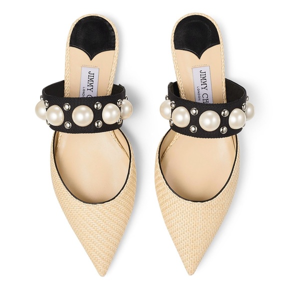 Jimmy Choo Shoes - Jimmy Choo Basette Pearl Embellished Raffia Pointed Toe Slide Mule Flat Shoes 38